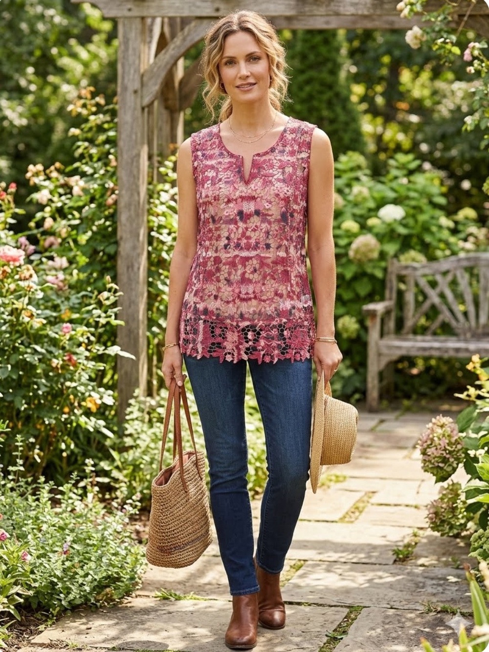👗Soft Surroundings bougainvillea laser cut Pink Lace Overlay Sleeveless Top